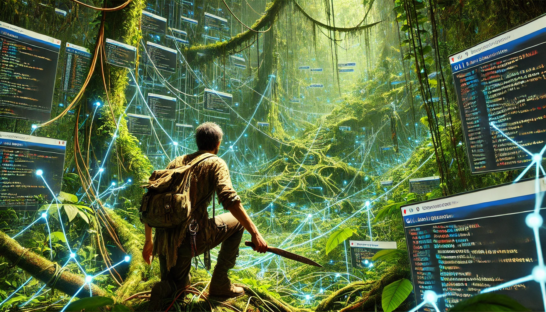 AI generated image of an intrepid developer with a machete hacking through a jungle of git commit logs