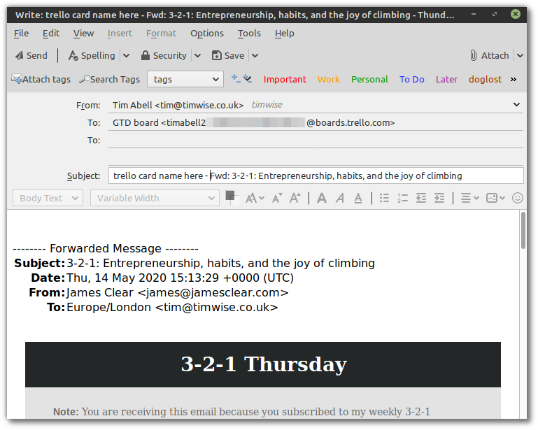 Screenshot of forwarding an email to the GTD board