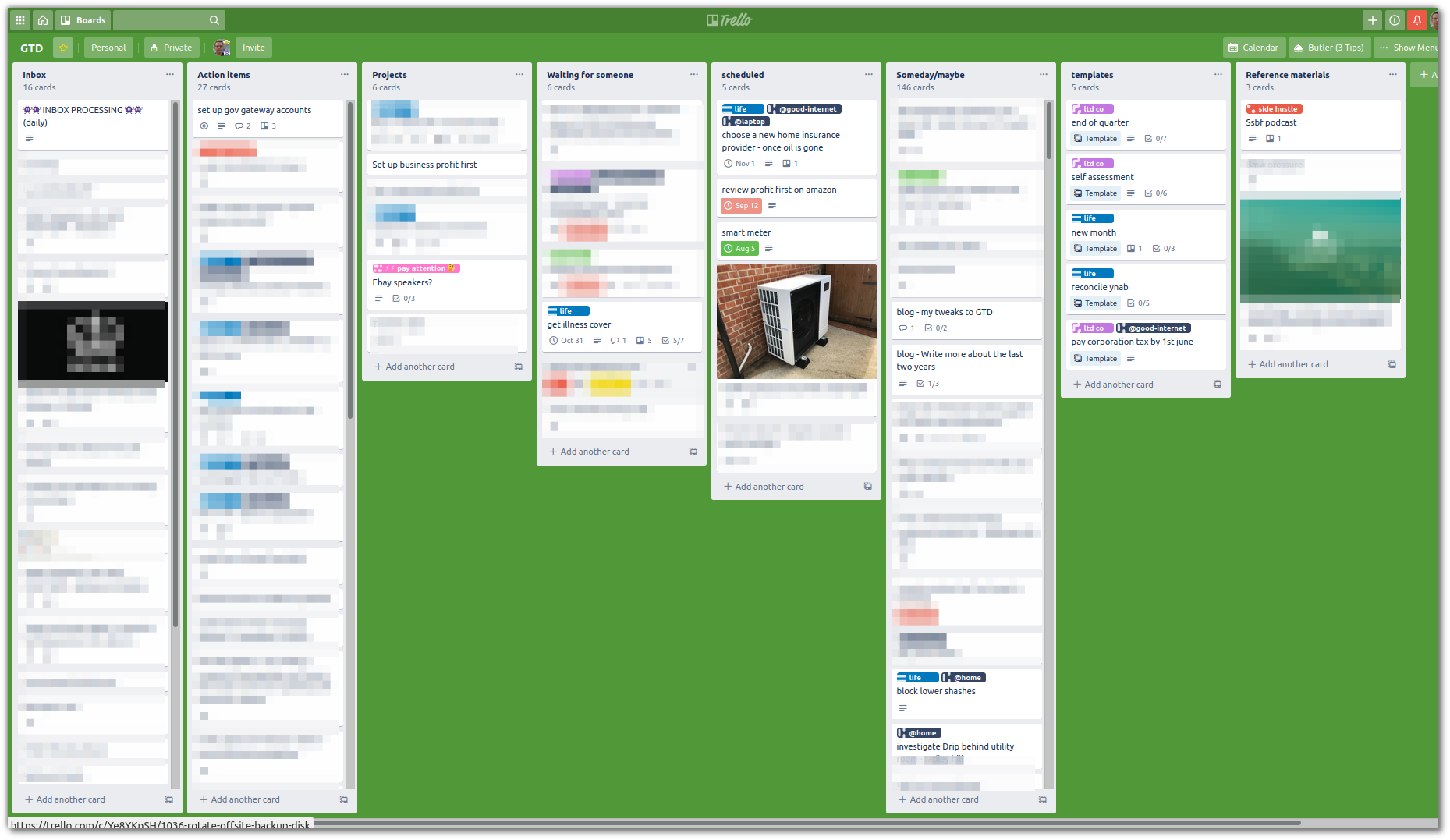 Blurry screenshot of my actual GTD board