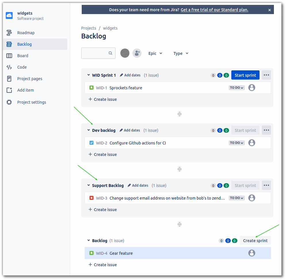 screenshot of using sprints as personal backlogs in Jira