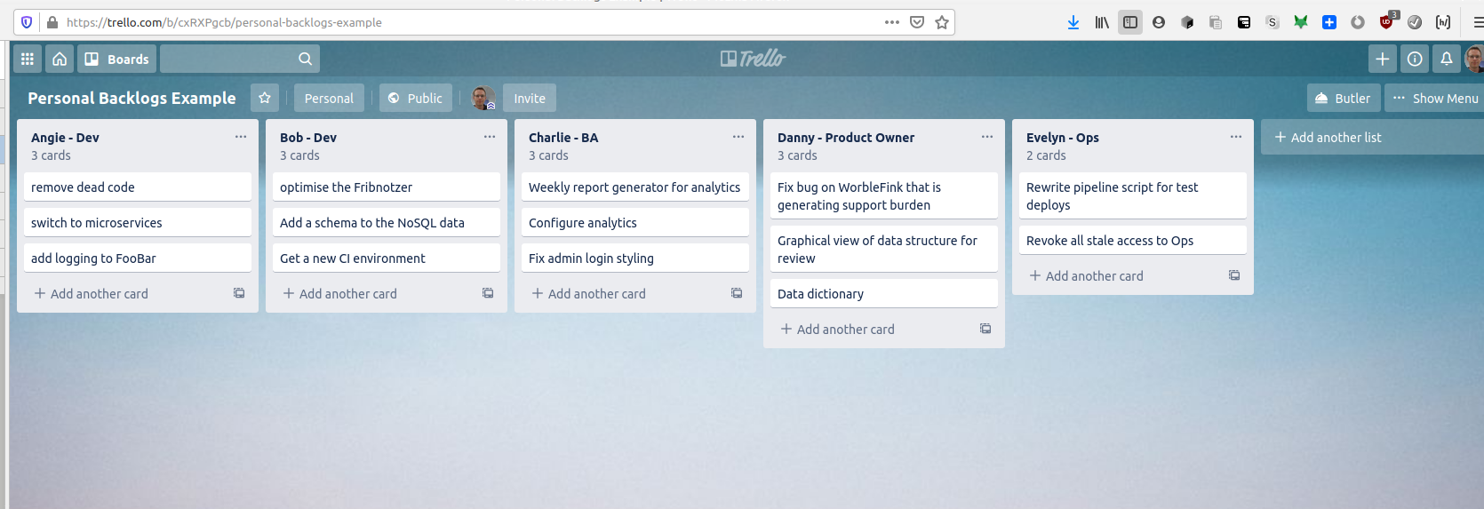 screenshot of shared backlog board in trello