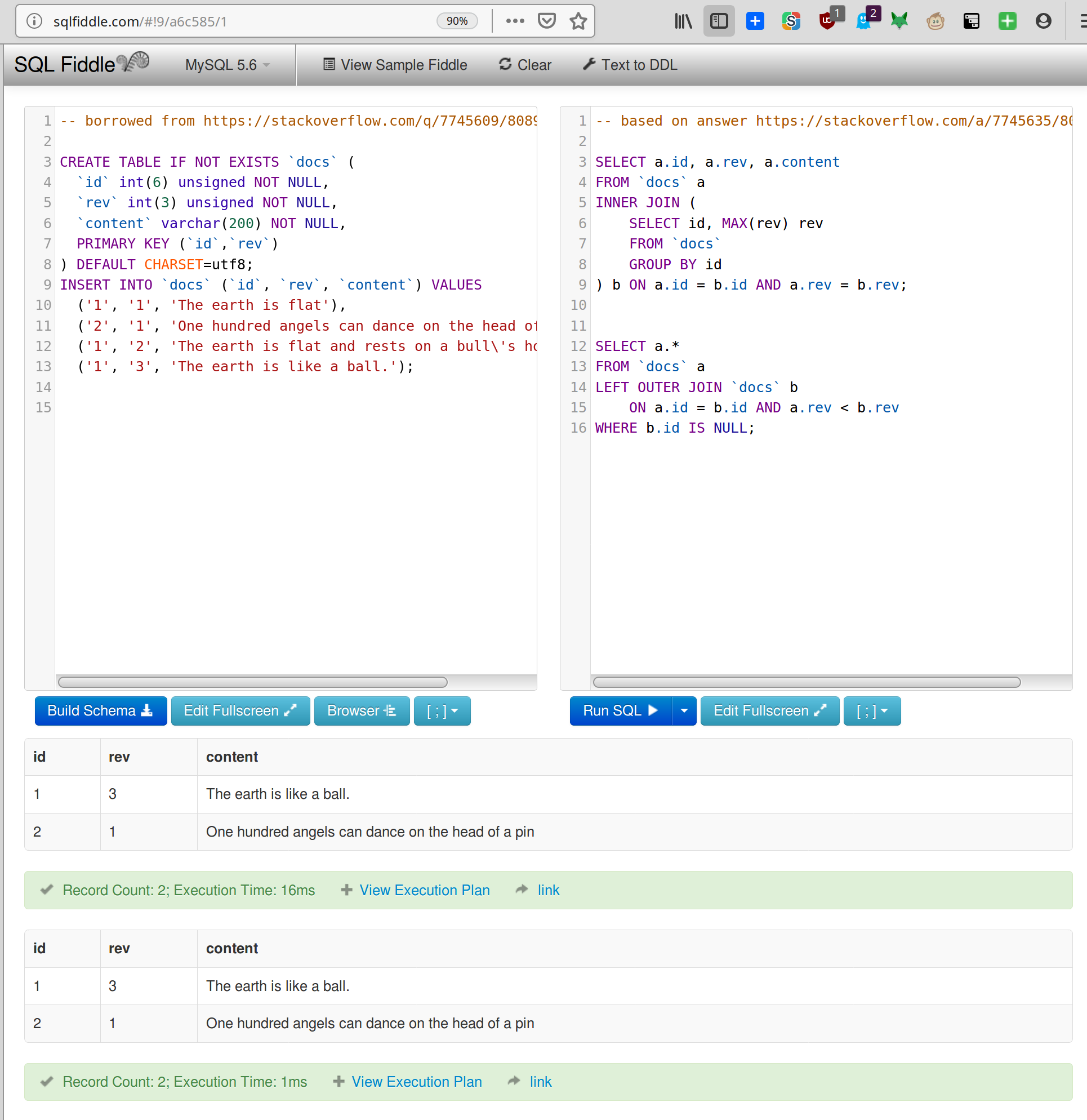 SQL Fiddle screenshot