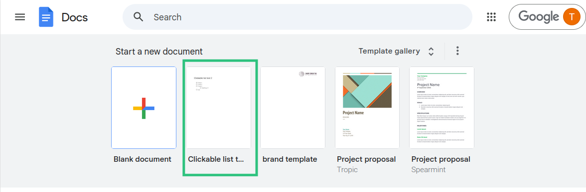 Default template list in new doc page
