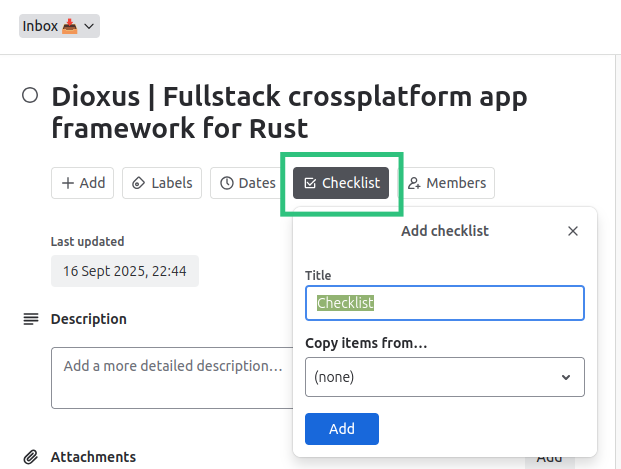 Adding a checklist to a trello card