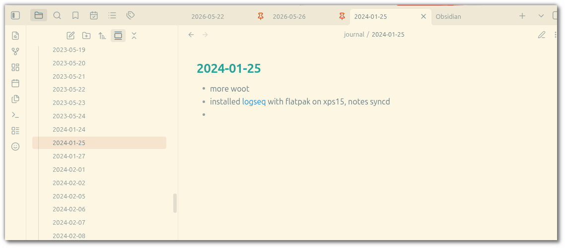 screenshot: note from Jan 2024 when I first installed logseq