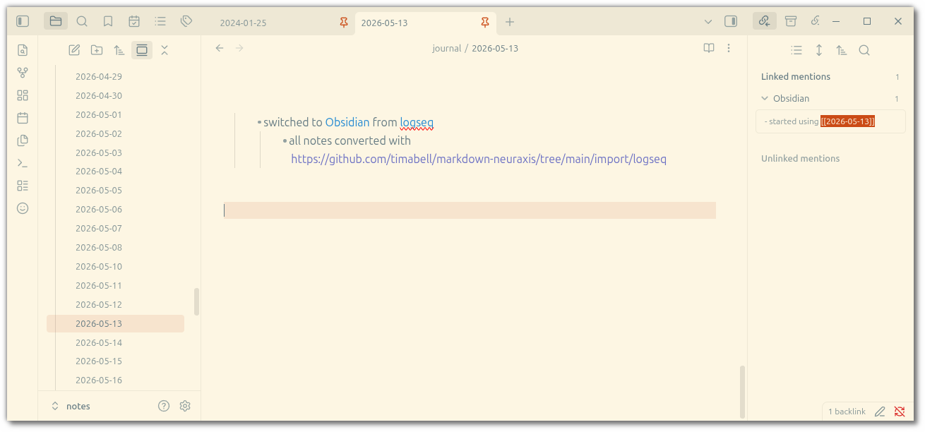 screenshot: note from May 2026 when I converted all notes from logseq to obsidian